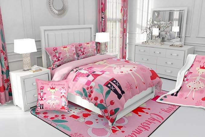 Feelyou Pink Christmas Comforter Set All Season Nutcracker Bedding Set with 2 Pillow Cases Mouse King Microfiber Kids Queen Bedclothes Royal Guarder Ballet Princess Bedroom Decor Duvet Quilt Soft
