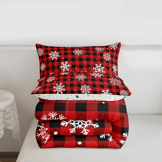 Feelyou Christmas Kids Comforter Set Queen Size Snowflake Red Bedding Set Red Black Plaid Duvet Quilt for Kids Boys Girls Bedroom Winter Snow Decor Microfiber Ultra Soft Breathable