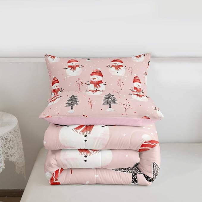 Feelyou Cute Snowman Bedding Set Soft for Boys Girls, Christmas Trees Comforter Set Queen Size Xmas Snowflake Duvet Quilt Microfiber Christmas Decor Bedroom Decor Holiday 3 Pcs with 2 Pillow Cases