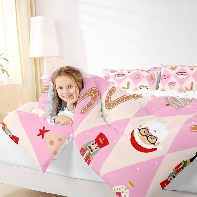 Feelyou Pink Christmas Kids Comforter Set Queen Size Santa Claus Bedding Set Xmas Tree Nutcracker soldier Duvet Quilt for Kids Boys Girls Bedroom Gingerbread Man Decor Microfiber Ultra Soft Breathable