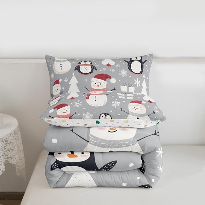 Feelyou Christmas Comforter Set King Size Snowman Snowflake Bedding Set for Kids Boys Girls Penguin Duvet Quilt New Year Gift Bedroom Decor Microfiber 3 Pcs with 2 Pillow Cases