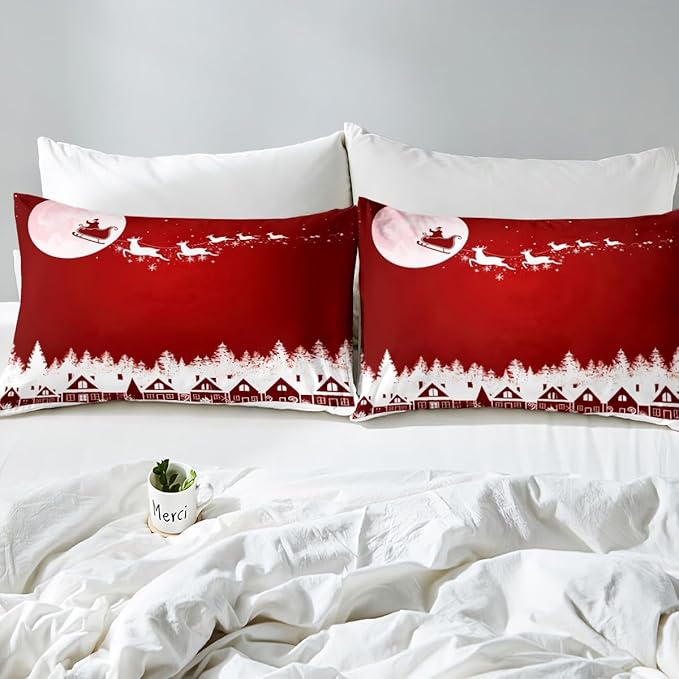 Manfei New Year Red Duvet Cover Set Queen Size Reindeer and Full Moon Print Comforter Cover Christmas Day Bedding Set 3pcs for Kids Boys Girls Winter Theme Quilt Cover with 2 Pillowcases,No Comforter
