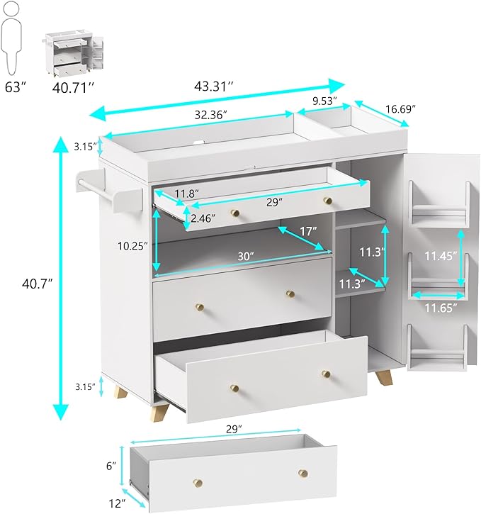 PAKASEPT Nursery Dresser with Baby Changing Table, Modern Diaper Changing Station, Dresser for Nursery with 2 Drawers & Shelves, Storage Crib with Changing Table, White