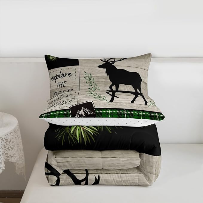 Elk Silhouette Kids Comforter Set Twin Size,Palm Leaves Old Plank Bedding,Girls Boys Adults Bedroom/Xmas Cabin Decor,Camper Explore Down Comforter,Geometric Grids Plaid Duvet Insert,1 Pillowcase