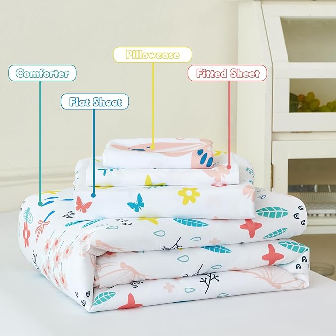 PERFEMET Girls Toddler Bedding Colorful Flower Blossom Comforter Set Butterfly Print Toddler Bedding Sets Ultra Soft Lightweight Bed-in-A-Bag for Toddlers(4 Pieces, White)