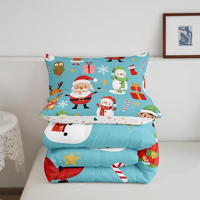 Erosebridal Merry Christmas Comforter Set Cartoon Santa Claus Quilts Queen Size Holiday Snowman Deer Elk Bedding Set Xmas Decor for Kids Boys Teens Cute Owl Animal Down Comforter,Blue