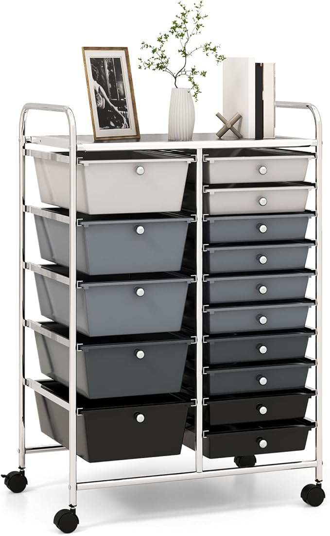 RELAX4LIFE 15-Drawer Storage Drawer Carts - Mobile Rolling Utility Cart w/Wheels, Craft Organizer for Classroom Organization and Storage, School, Office, Home, Storage Organizer Cart (Gradient Black)