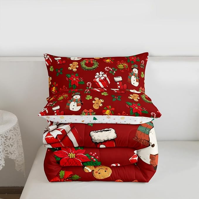 jejeloiu Merry Christmas Comforter Set Full Size Cute Snowman Bedding Set for Kids Boys Girls Gingerbread Man Duvet Quilt Red Bedroom Decor