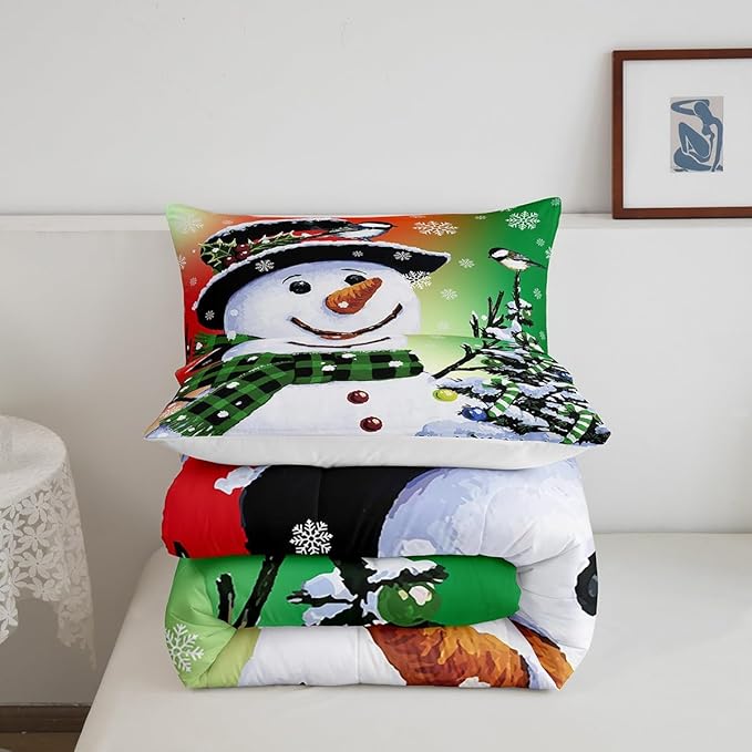 Feelyou Kids Christmas Theme Decorations Bedding Set Xmas Snowman Comforter Set for Boys Girls Snowflake Kawaii Cute Comforter Orange Red Green Quilt Set Bedroom Collection Queen Size