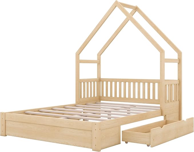 Bellemave Queen Size Wood House Platform Bed with 2 Drawer for Toddlers and Baby, Modern Montessori Platform Bed Frame, No Box Spring Required, Low Floor Bed for Kids' Room or Baby Room (Natural)