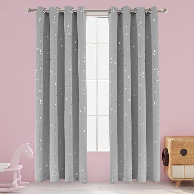 LORDTEX Dinosaur and Star Foil Print Blackout Curtains for Kids Room - Thermal Insulated Curtains Noise Reducing Window Drapes for Boys and Girls Bedroom, 52 x 95 Inch, Light Grey, Set of 2 Panels