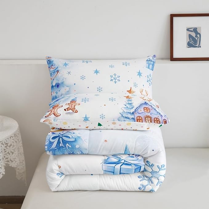 jejeloiu Kids Christmas Theme Comforter Set Full Size Blue Xmas Gingerbread Man Bedding Set for Boys Girls Teens Candy House Snowflake Winter Happy New Year Duvet Quilt Room Decor
