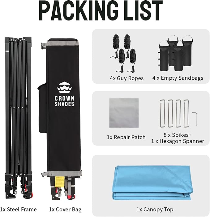 CROWN SHADES 10x10 Pop Up Canopy Tent - Patented Center Lock One Push Instant Outdoor Canopy Beach Tent with STO-N-Go Bag 8 Stakes & 4 Sand Bags，Sky Blue