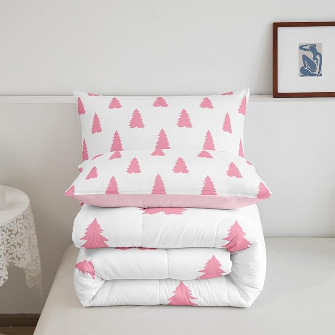 Feelyou Pink Christmas Trees Bedding Set for Kids Boys Girls Queen Size Holiday Comforter Set Ultra Soft Winter Comforter Xmas Decor Duvet Quilt Bedroom Decor Christmas Ornaments Quilt