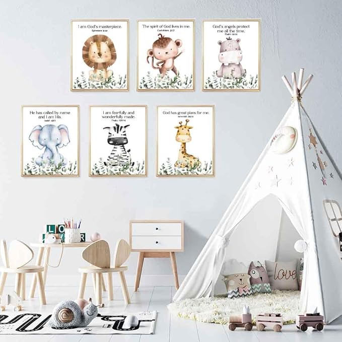 IIILUYOT 6Pcs Cute Christian Wild Animals Wall Art Decor for Nursery Child Bedroom, Zebras, Elephants, Lions, Giraffes, Monkey Inspirational Forest Animals Poster Decor Set of 6(8”X10”) Unframed
