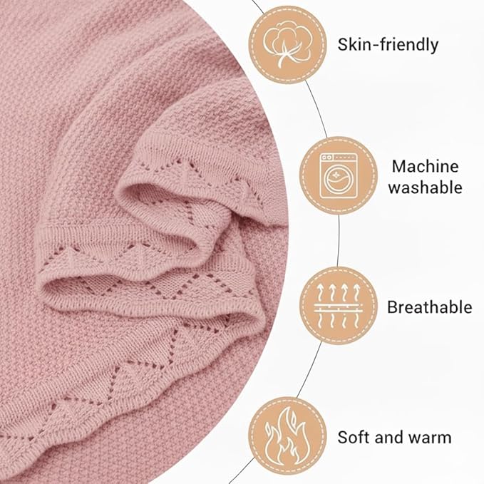 Baby Knit Blanket Soft Breathable Cotton Scallop Border Blankets Newborn Knitted Blanket Swaddle Blankets Gifts for Baby Newborn Toddler Shower Boy Girl New Mom Birthday Christmas RP 28x36
