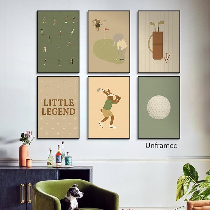 Golf Canvas Wall Art, Baby Boy Nursery Sports Posters, Animal Athletes Elephant Rabbit Pictures, Little Legend Charming Quote Print, Kids Bedroom Golf Course Wall Decor 16x24in Framed