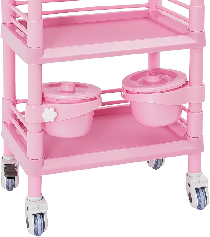 Medical Mobile Trolley Cart with 1 Drawers & 2 Trash Cans, 3 Tiers Portable Beauty Salon Rolling Trolley on Wheels, Medical Mobile Trolley Cart for Hospital Clinic Home, Pink