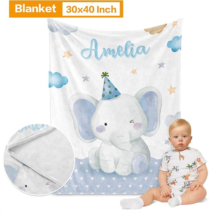 Custom Crib Bedding Set - Elephant Design Personalized Name Baby Nursery Bedding 3 Pcs Set - Chic Soft Blanket, Sheet, Pillowcase for Newborns Boys Girls Gifts Color06