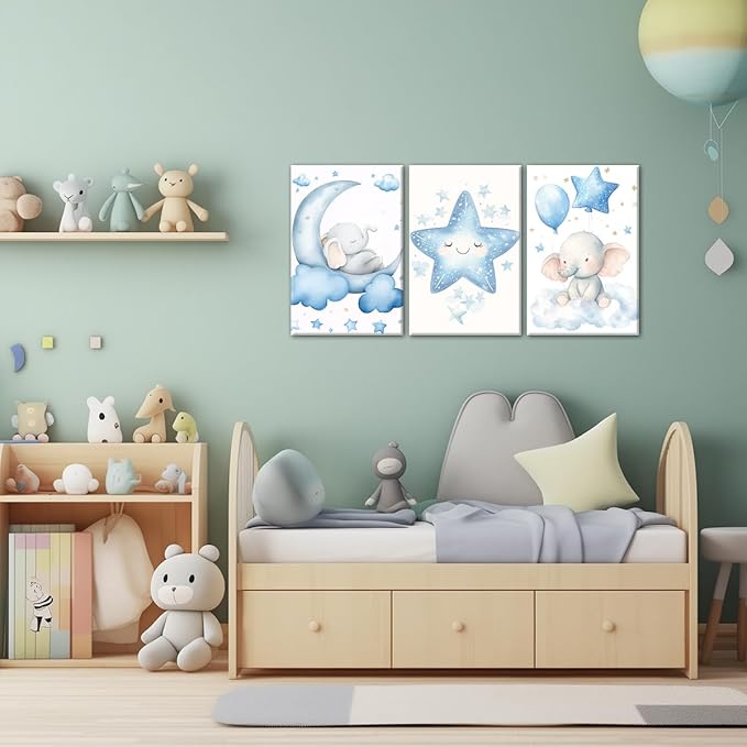 Nursery Wall Art Baby Boy Wall Decor Blue Elephant Moon and Stars Painting Prints Cute Animal Canvas Poster for Kids Room Decor Framed(Baby-2,11L x 14W x 3Pcs)