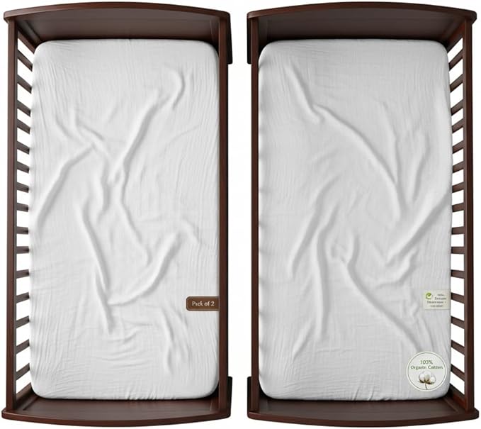 White Muslin Crib Sheets Set of 2, 52x28 Crib Mattress Sheets Soft Muslin Cotton, Fits Standard Rectangular & Oval Mattress, Neutral Nursery Bedding, No Shrinking, Fitted Crib Sheet