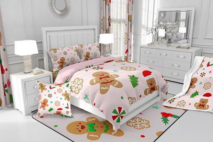 Feelyou Merry Christmas Kids Comforter Set Queen Size Gingerbread Man Bedding Set Xmas Tree Duvet Quilt for Kids Boys Girls Bedroom Red Berries Snowflake Decor Microfiber Ultra Soft Breathable