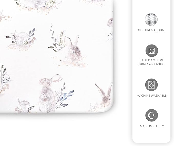 Oilo Crib Sheet, Breathable, Fitted, Turkish Cotton Jersey, 300 Thread Count, Machine Washable, Fits Standard Crib (28" x 52" x 6"), Toddler Bedding, Girl, Boy, & Neutral Design, Cottontail Bunny