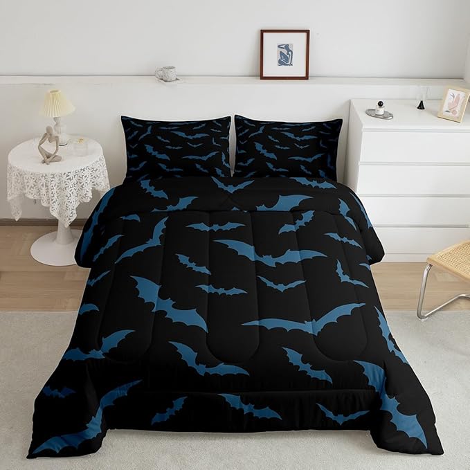 Erosebridal Halloween Decor Bedding Set for Kids Boys Youth Turquoise Bats Comforter Set Twin Size Gothic Spooky Quilt Happy Holiday Style Duvet Insert with 1 Pillow Case,Black