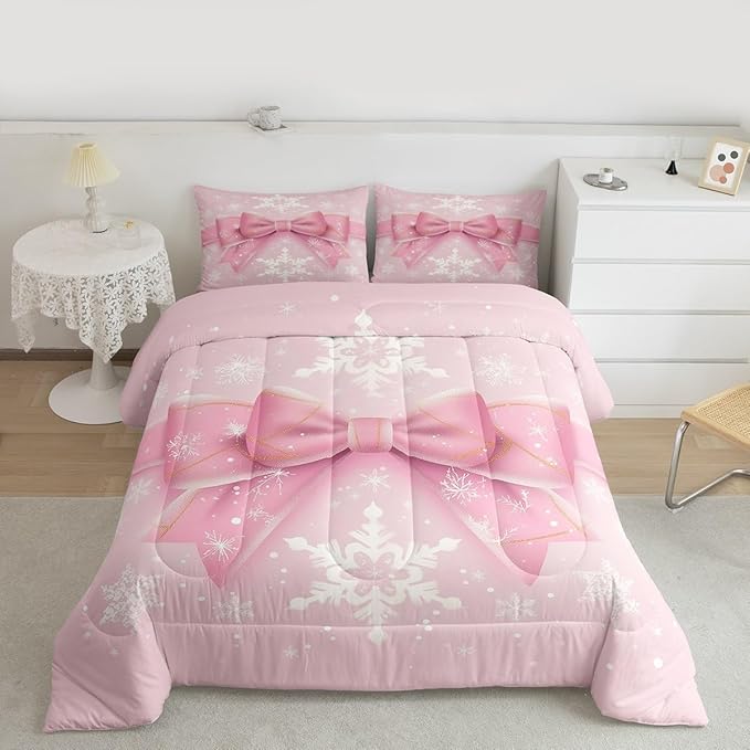 Feelyou Pink Bow Comforter Set All Season Coquette Bow Knot Bedding Set with 2 Pillow Cases Xmas Snowflake Kids Full Bedclothes Cute Dreamy Princess Style Decor Christmas Duvet Quilt Soft Lightweight