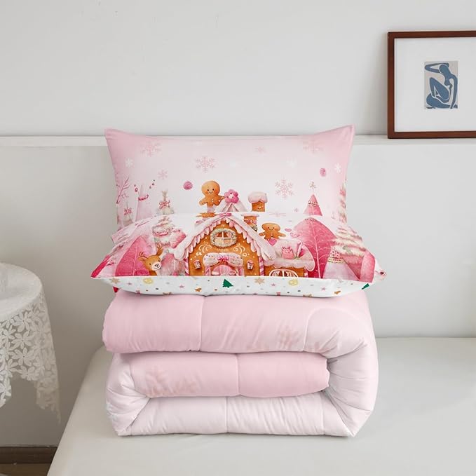 jejeloiu Kids Christmas Theme Comforter Set King Size Cute Deer Gingerbread Man Bedding Set for Boys Girls Teens Pink Xmas Tree Candy House Snowflake Winter Duvet Quilt Room Decor
