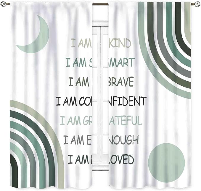 Rainbow Curtains for Girls Bedroom, Boho Rianbow Quotes Inspirational Motivational Positive Colorful Pastel Green Window Drapery for Baby Kids Living Room Toddler Nursery Classroom, 52"x84" Inch