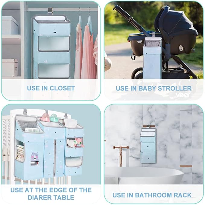 Hanging Diaper Caddy Organizer for Baby Crib - 3-in-1 Diaper Stacker for Changing Table Nursery Organization Storage Holder for Baby Essentials Attachment Portable Combining (Sky Blue)