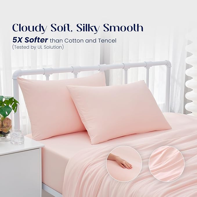 Dream Valley® Queen Sheet Set, Cooling Fitted Sheet with 2 Pillowcase-3 PCS with No Flat Sheet,Q-Max > 0.4 Aerocool, Cooling for Night Sweats, Hot Sleepers,deep Pocket up to 15",Pink Blush
