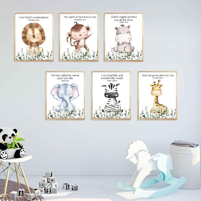 IIILUYOT 6Pcs Cute Christian Wild Animals Wall Art Decor for Nursery Child Bedroom, Zebras, Elephants, Lions, Giraffes, Monkey Inspirational Forest Animals Poster Decor Set of 6(8”X10”) Unframed