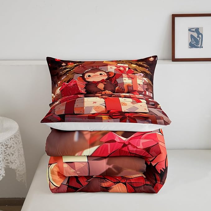 Merry Christmas Comforter Set Full Size,Cartoon Cute Monkey Bedding Set for Kids Boys Girls Room Decor,Animals Microfiber Modern Soft Quilt Set,Xmas Theme Red Luxury Duvet Insert 3Pcs,2 Pillowcases