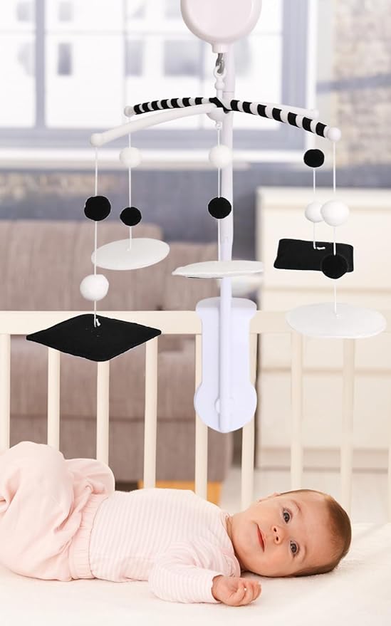 Montessori Mobile, Black and White Mobile for Baby with Music Box - Woodland Baby Crib Mobile for Boys Girls, High Contrast Baby Mobile for Crib with Bear, Deer, Fox, Owl & Raccoon