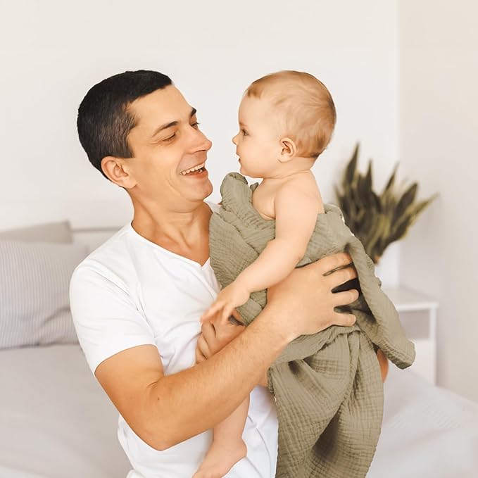 lulumoon Muslin Swaddle Blankets for Baby: Cotton & Soft Receiving Blanket for Newborn with Leaves Printed- Neutral Gift for Baby Shower 2pack(Olive Leaf)
