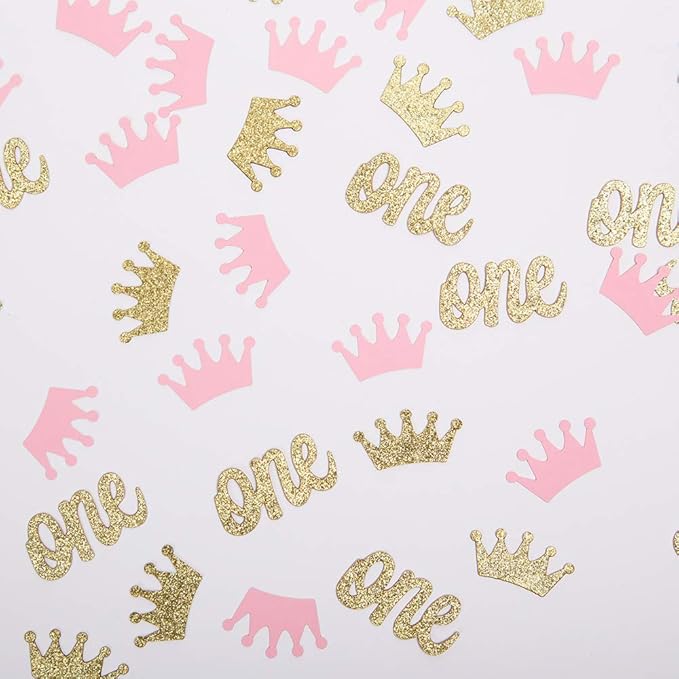 Glitter Crown Confetti Pink and Gold One Table Scatter for Princess Girl First Birthday,Baby Shower Party Decorations