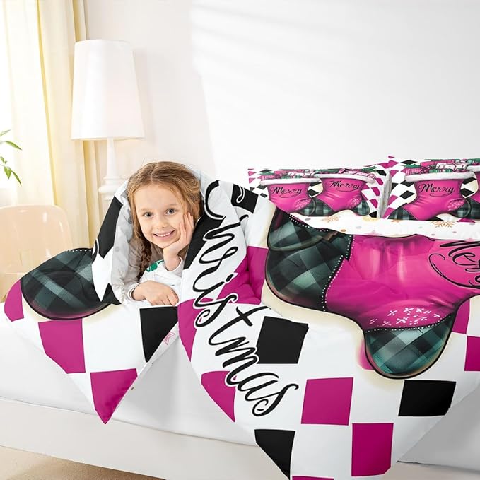 Feelyou Merry Christmas Comforter Set All Season Cartoon Shoes Bedding Set with 2 Pillow Cases Microfiber Kids Queen Bedclothes Winter Bedroom Decor Duvet Quilt Breathable Soft