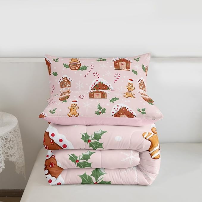 Feelyou Pink Christmas Comforter Set All Season Gingerbread Man Bedding Set with 2 Pillow Cases Christmas Pastry Microfiber Kids Queen Bedclothes Candy Cane Bedroom Decor Duvet Quilt Breathable Soft