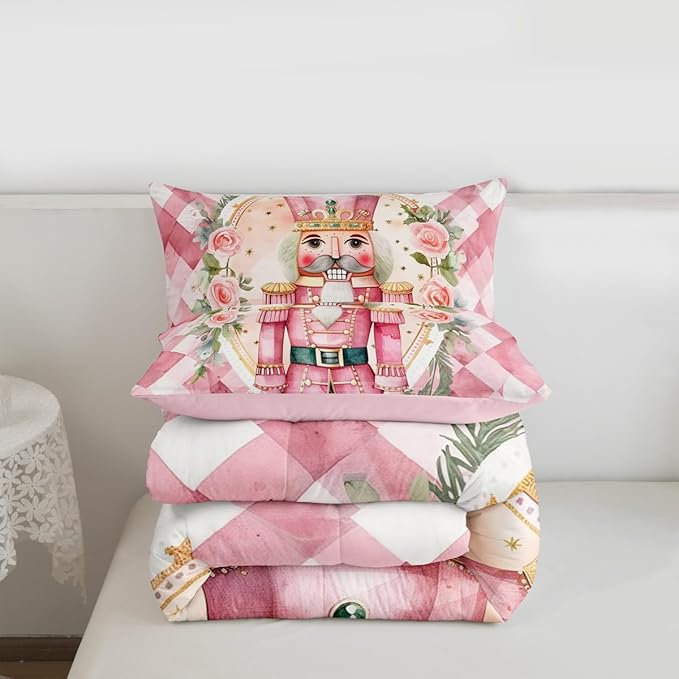 Feelyou Christmas Comforter Set All Season Pink Nutcrackers Bedding Set with 2 Pillow Cases Rose Kids Full Bedclothes Floral Bedroom Decor Funny Nutcracker Duvet Quilt Breathable Soft Lightweight