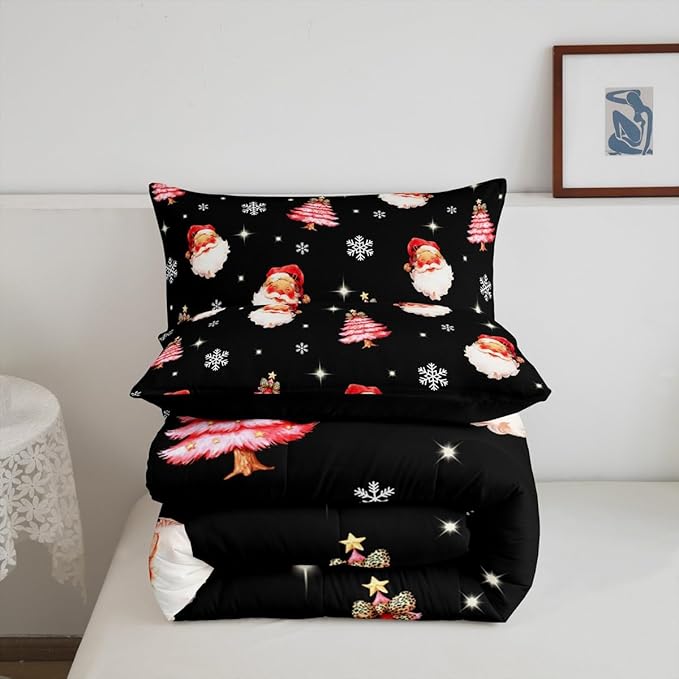 jejeloiu Kids Christmas Theme Comforter Set King Size Xmas Tree Cute Santa Claus Bow Bedding Set for Boys Girls Teens Winter Snowflake Happy New Year Duvet Quilt Room Decor
