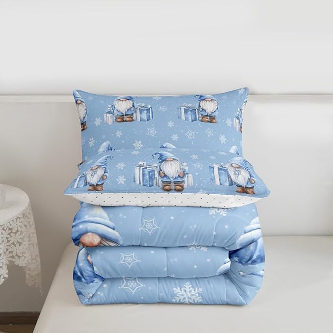 Feelyou Blue Christmas Comforter Set Twin Size Scandinavian Christmas Santa Gnomes Bedding Set for Kids Boys Girls Xmas Snowflake Duvet Quilt Bedroom Decor 2 Pcs with 1 Pillow Cases