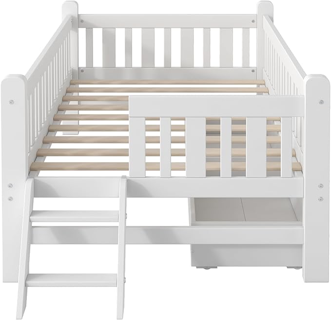 Twin Size Platform Bed with Guardrail and 2 Drawers, Wood Kids Platform Bed Frame with Two-Step Ladder for Boys Girls, Sturdy Slats Support (White-1.26)