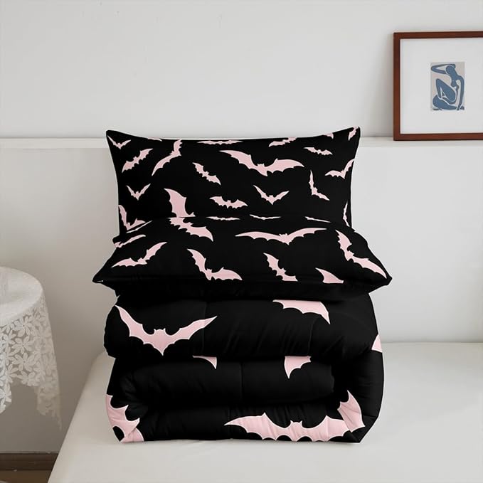 Erosebridal Bat Comforter Set Halloween Pink Bats Bedding Set with 2 Pillow Cases Silhouette Gothic Quilt King Size for Kids Boys Youth Gothic Spooky Bedding Comforter Sets,Black