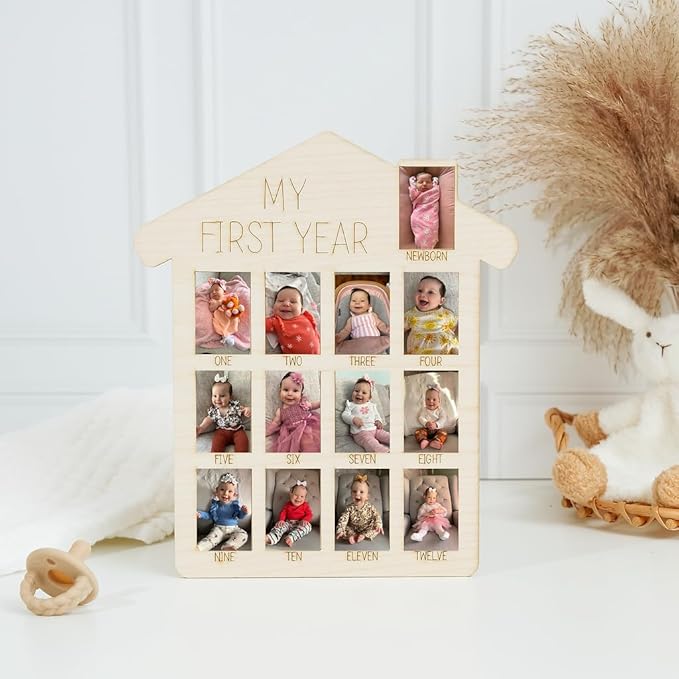 My First Year Photo Frame 14-inch, Baby Picture Frame for Baby Keepsake, Nursery Decor, and Birthday Party, by Woodpeckers