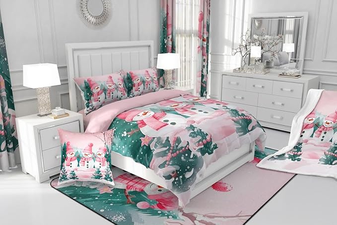Feelyou Pink Christmas Kids Comforter Set King Size Merry Christmas Tree and Snowman Bedding Set Cute Snowman Duvet Quilt for Kids Boys Girls Bedroom Xmas Snowflake Decor Kawaii Ultra Soft Breathable
