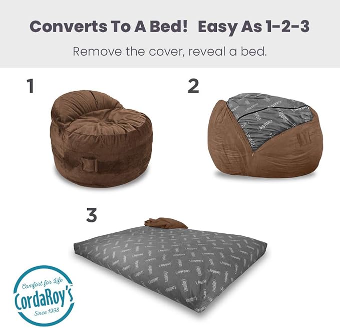CordaRoy's NEST Gaming Bean Bag Chair-Convertible Bean Bag Chair -Washable Chenille Cover with Pockets for Remote, Controllers-for Living Room,Basement-King Size-Espresso|Made in The USA
