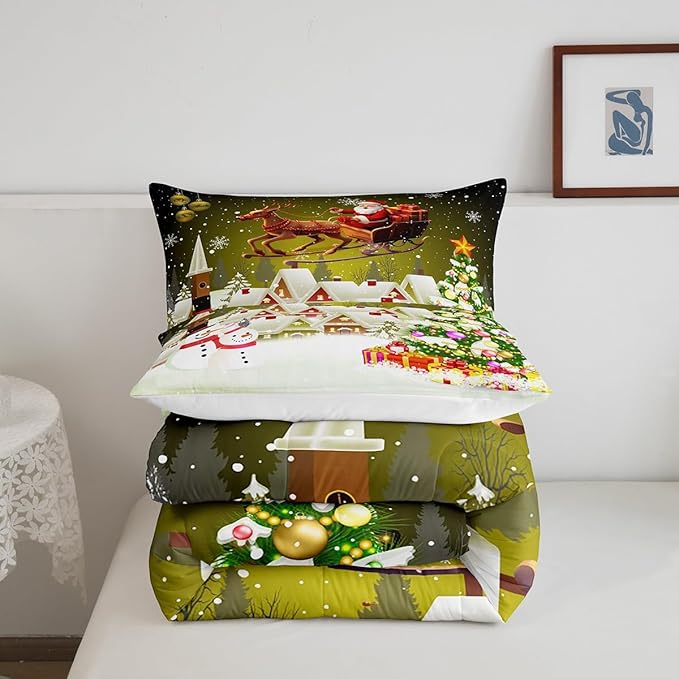 Manfei Christmas Comforter Set King Size, Xmas Tree Snowman Quilt Set with 2 Pillowcases, Santa Claus with Deer Bedding Set 3pcs for Kids Boys Girls Room Decor New Year Theme Duvet Insert