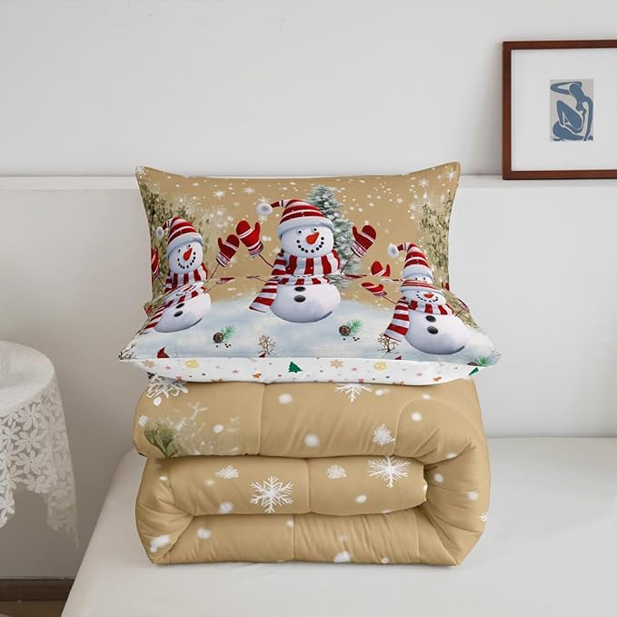 Cartoon Snowman Kids Christmas Comforter Set Full Size,Pines Snowflake Rustic Bedding,Girls Boys Adults Bedroom/Xmas Cabin Decor,Grids Geometric Down Comforter,Farmhouse Duvet Insert,2 Pillowcases